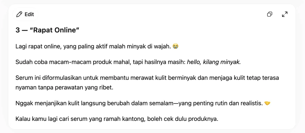 Hasil prompt ai untuk copywriting yang berlapis